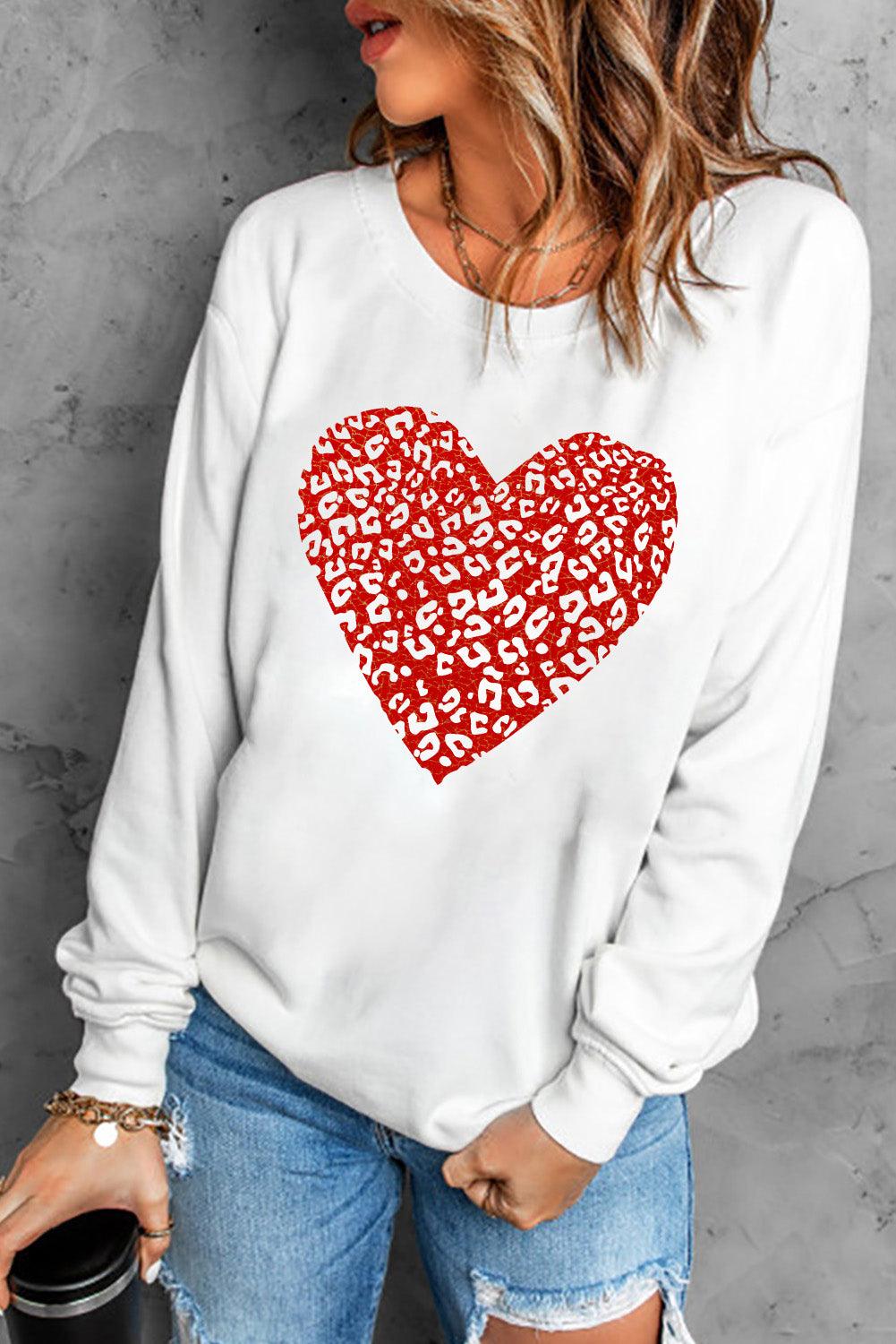 Leopard Heart Graphic Drop Shoulder Sweatshirt - Stuffed Cart